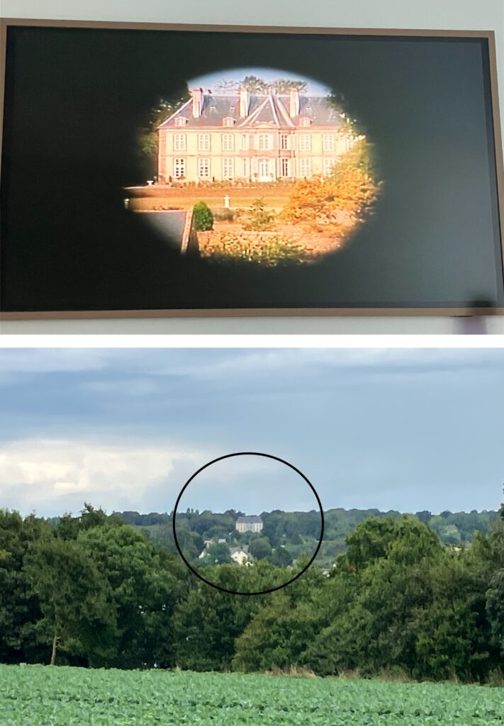 Comparison of a mansion viewed through a screen and the same mansion in the distance among trees.