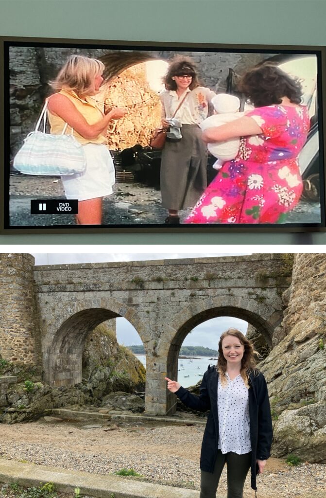 A still from The Darling Buds of May depicting three characters interacting, with a scenic backdrop visible.